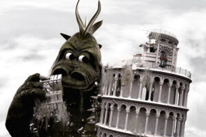 3d illustration of chewits monster eating leaning tower of pisa