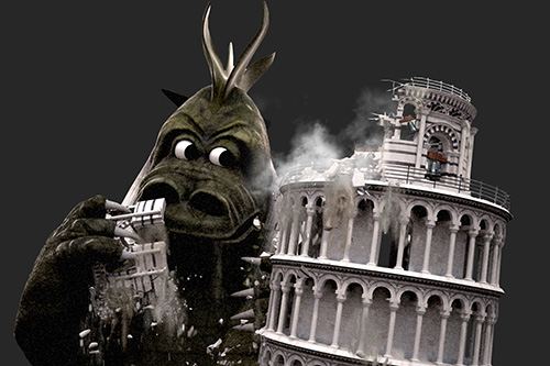character 3d illustration of chewits monster and pisa tower